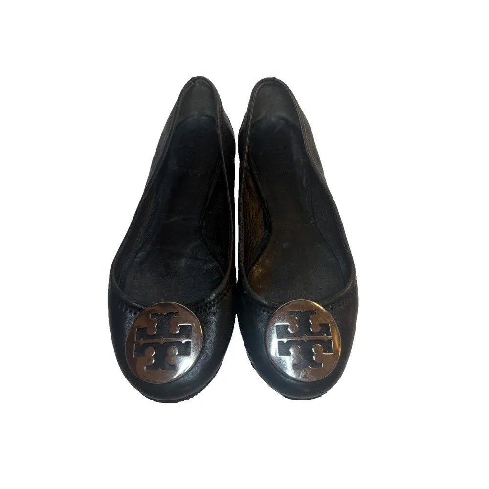 Tory Burch Reva‎ Black Leather Ballet Flats Silver Logo